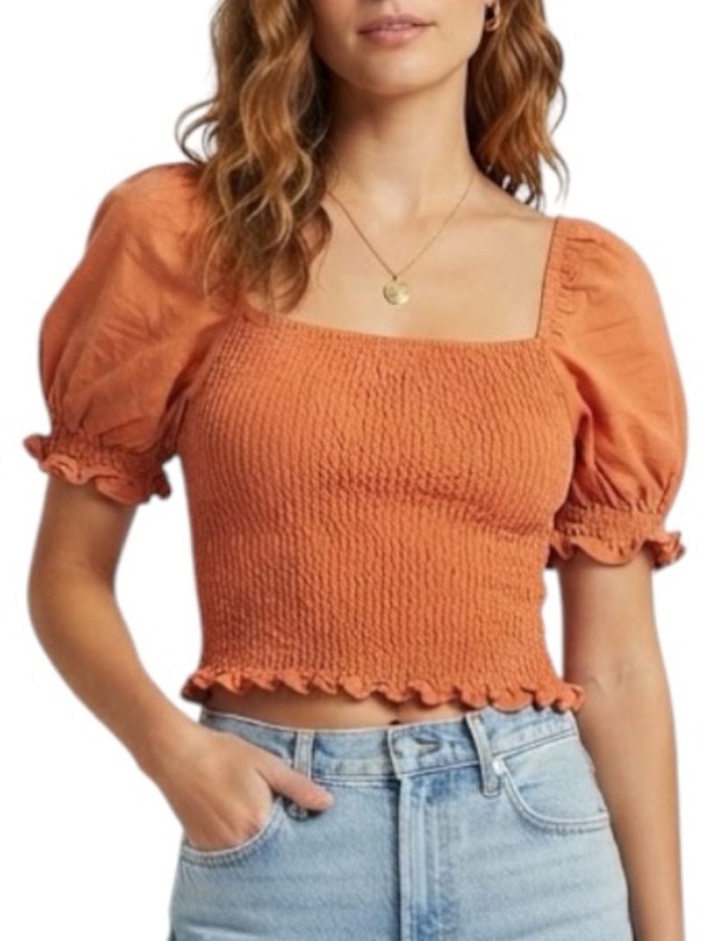 H&M Linen Blend Ruched Balloon Sleeve Crop Top Tangerine Orange Size S